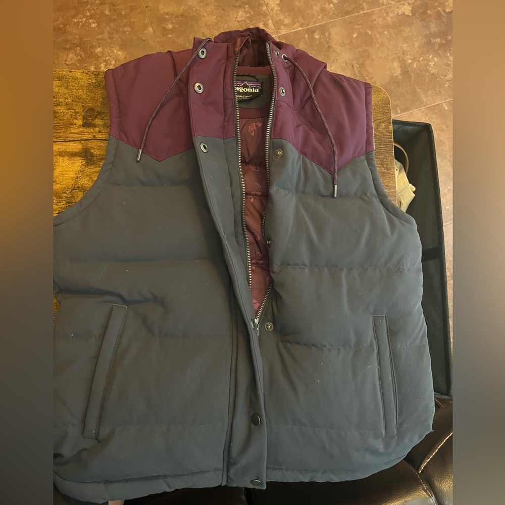 Patagonia bivy hooded down vest women size M blue purple